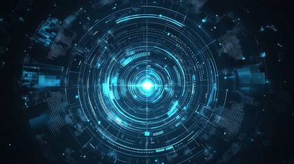 Fototapeta premium Futuristic Blue Abstract Halftone Circles with Tech Lines and Scale