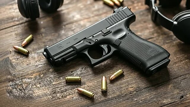 1_Modern Tactical Handgun on Shooting Range Table with Accessories