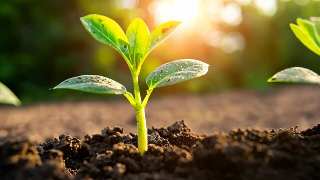 Young plant growing in rich soil under the warm sunlight during the golden hour of the evening
