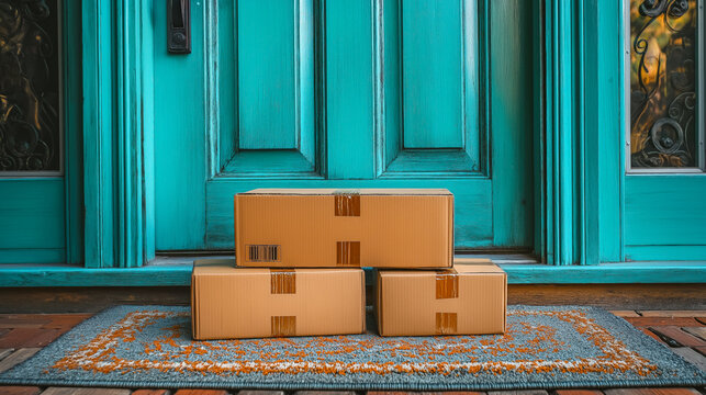 Stack of cardboard delivery boxes placed on a doormat in front of a turquoise-colored door, symbolizing online shopping or home delivery