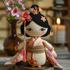  Nice cute japanese crocheted doll girl nation dress ethnic art decor toy handmade craft