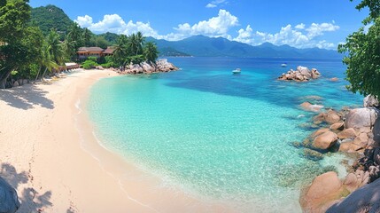 Fototapeta premium Stunning tropical beach with clear turquoise water and lush greenery under bright blue sky