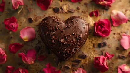 Heart-shaped chocolate surrounded by sprinkled roses for a festive romantic display