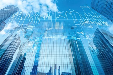 Charts depicting global economics against tall business buildings and technology