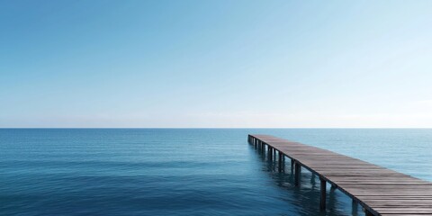 Fototapeta premium A picturesque view of a wooden pier extending into calm waters, embodying tranquility, peace, and the simple beauty of nature's shoreline.