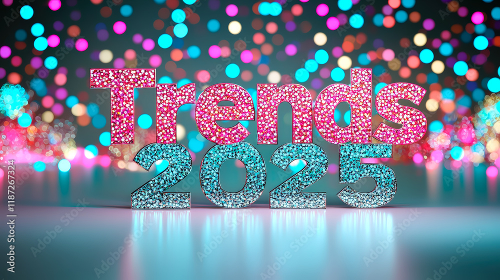 Poster trends for 2025 highlighted with a vibrant, colorful backdrop featuring twinkling lights and sparkli