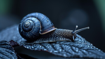 Close-up of a vibrant land snail exploring a textured surface in natural light