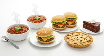 Delicious Fast Food Meal Burgers Chili Apple Pie Chocolate Cake