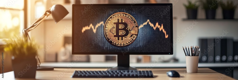 Aufkleber cryptocurrency trading theme with bitcoin coin showing on a computer screen with a declining chart i