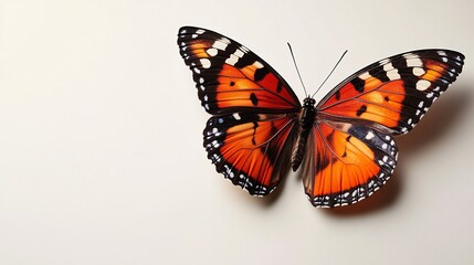 Fototapeta premium Colorful butterfly perched on a light surface with vivid orange and black wings