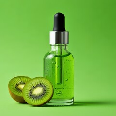 Green glass dropper bottle, cosmetic serum, water droplets, vibrant lime background, product photography, glossy surface, minimalist composition, fresh and natural skincare, high-resolution, macro det