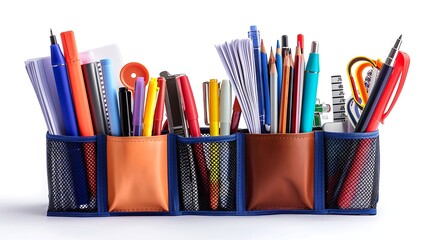 Fototapeta premium A desktop organizer with pens and papers isolated on white background