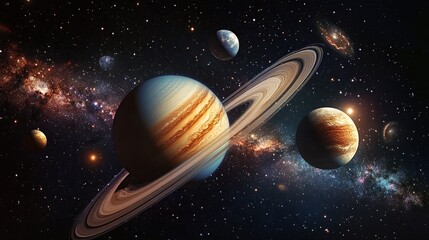 Naklejka premium Planets, rings, galaxy, stars, cosmos, space, universe, celestial, astronomical, nebula.