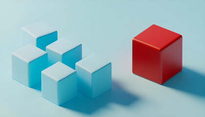Obraz premium Red cube in front of blue ones on white background. Competition concept