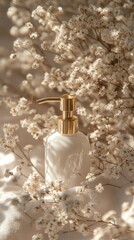 A mockup of an elegant shampoo bottle, placed on top of delicate vanilla flowers, vanilla and soft fabric