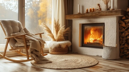 Fototapeta premium A small Persian rug by the fireplace emphasizing t_004