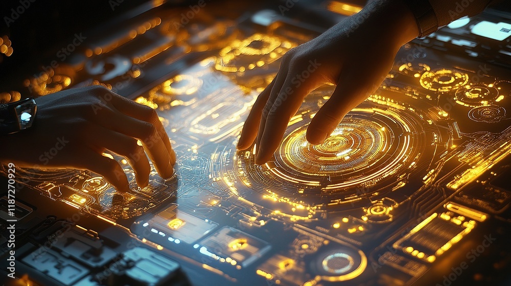 Poster engineers and developers interacting with illuminated technology screen