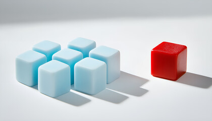 Red cube in front of blue ones on white background. Competition concept