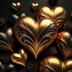 Happy Valentine's Day. Background with metallic gold hearts  with black roses staging on top of each other Greeting card, gift poster, wedding card
