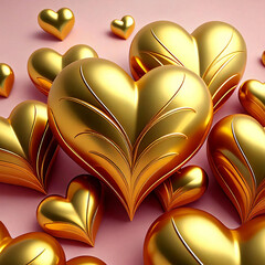 Happy Valentine's Day. Background with metallic gold hearts staging on top of each other Greeting card, gift poster, wedding card
