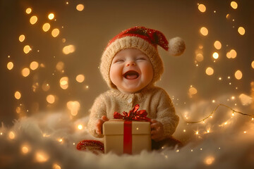 Cheerful baby in a festive outfit with a gift box under warm holiday lights