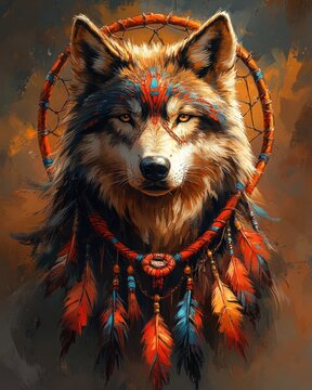 Majestic wolf portrait with dreamcatcher.