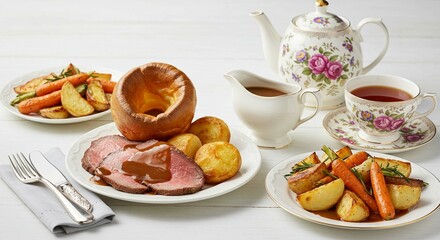 Delicious Roast Beef Dinner Yorkshire Pudding Potatoes Carrots Gravy Tea