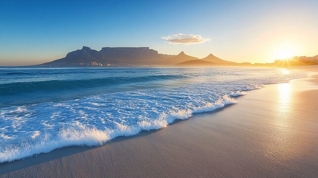 Sunrise over Table Mountain with gentle waves lapping at a sandy shore in Cape Town