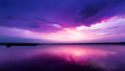 dreamy purple sky twilight background and sunlight with copy space reflections in the river