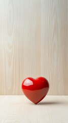 Fototapeta premium Glossy red heart resting on a light wooden surface against a matching background, symbolizing love and affection for valentine's day and romantic occasions