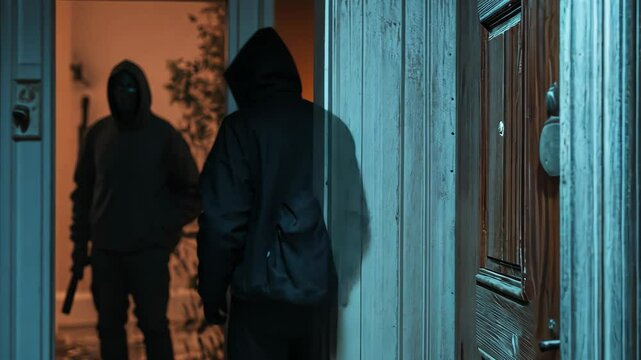 Burglars breaking and entering into a vacant home at night with masks and weapons, 2 masked burglars breaking and entering into a victim's home