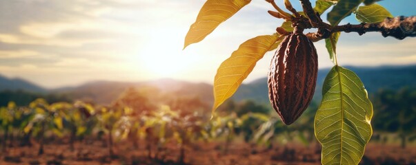 A cacao pod hangs from a tree branch, bathed in warm sunlight with lush greenery in the background, capturing the essence of cocoa cultivation.