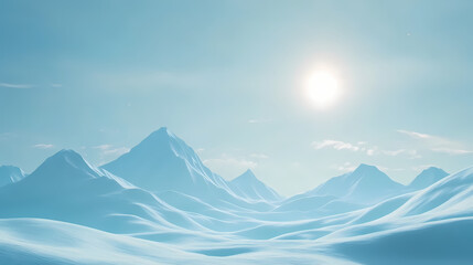 Snowy mountain peaks in the distance under a bright sun, with layers of blue hues in the foreground creating a serene, minimalist landscape. Sundrift. Illustration