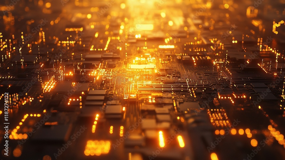 Poster glowing circuit board with cpu and processor elements in motion