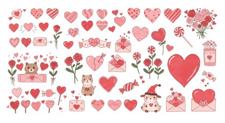Charming valentine's day icons with hearts, roses, and cute animals