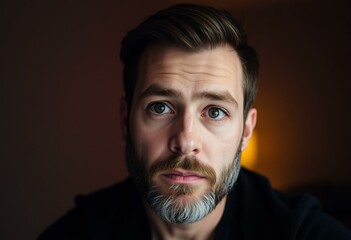 Fototapeta premium Thoughtful man with beard in dimly lit room