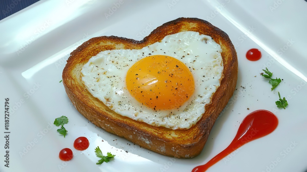 Poster heart-shaped fried egg on toast with ketchup and parsley garnish on a white plate.