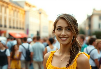 Woman in yellow sundress in public square