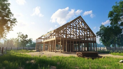 Wooden house frame under construction on a sunny day.