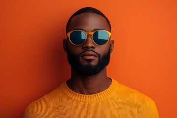 A modern young man with a beard wearing yellow sunglasses and a yellow sweater against an orange background