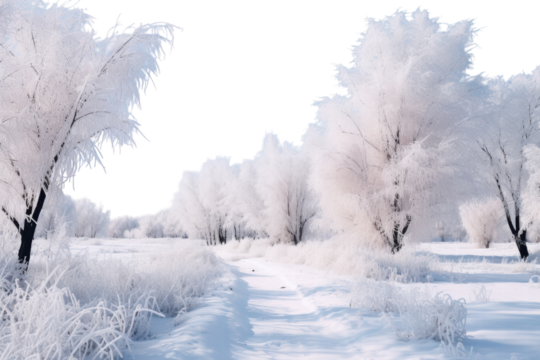 Winter wonderland filled with frosty trees and a serene path under a clear blue sky
