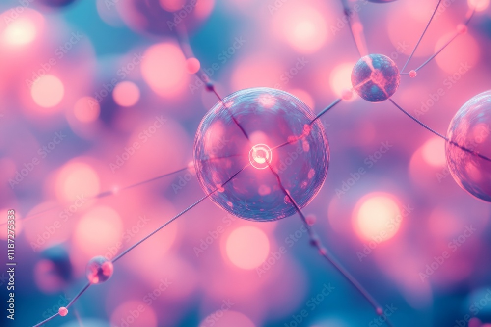 Poster surreal pastel spheres with digital light lines in abstract gradient haze