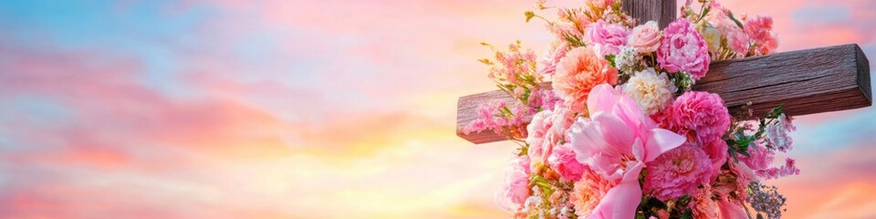 Wooden cross with fresh flowers set against a vibrant sunset sky