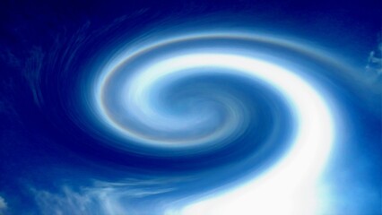 Abstract dark blue and white sky background with clouds in motion and vortex. Composition in topics of weather, cyclone, climate change, meteorology, wind, hurricane, atmosphere, wallpaper