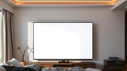 Large blank screen TV in modern minimalist bedroom.  Sunlight streams through curtains, illuminating the space. Perfect for relaxation and entertainment.