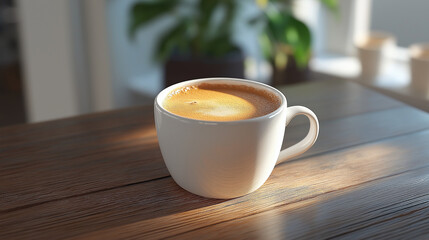 Obraz premium Espresso in a white cup on a wooden table, foam pattern on the surface, minimal aesthetics, realistic details. 