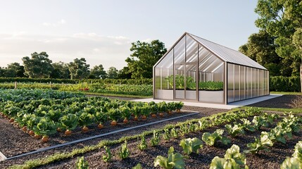 Innovative carbon-neutral greenhouse design sustainable agriculture outdoor setting modern architecture perspective