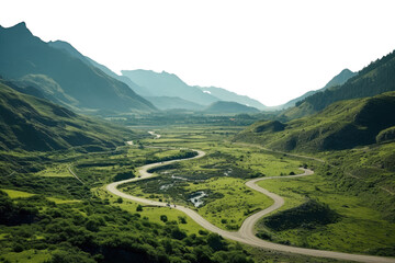 Scenic view of winding river through lush valley surrounded by majestic mountains during bright day