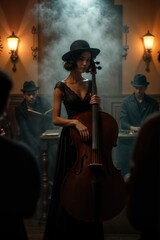 Fototapeta premium n a dimly lit jazz club with vintage lamps and ghostly smoke, a melancholic cellist dressed in 1920s noir attire captivates a silent crowd with her mysterious, haunting performance.