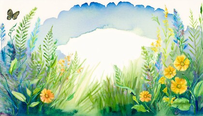 Watercolor painting of wildflowers and a butterfly.